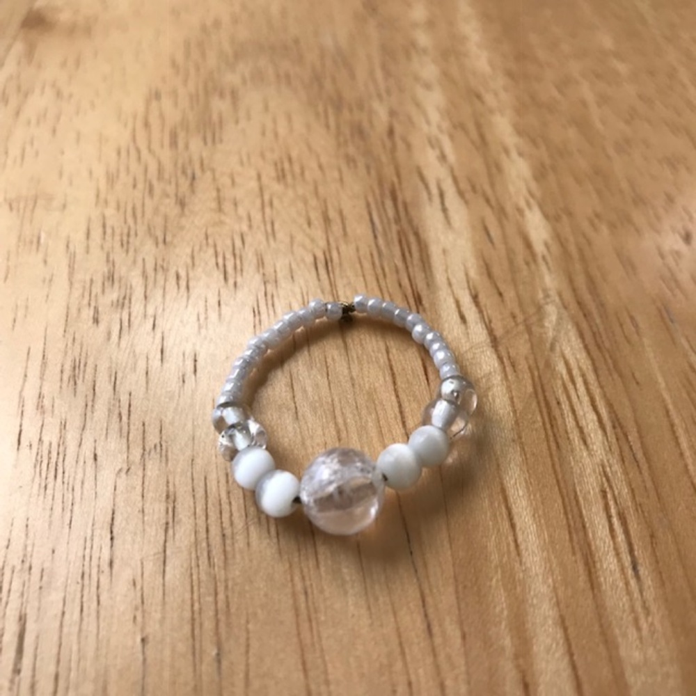 Beaded Thumb Ring White Clear Handmade Vintage